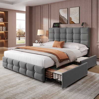 Abrihome 4Ft6 Double Upholstered Bed With 4 Storage DrawersBed Frame With Charging Station Adjustable Button Tufted Headboard Grey from B&Q