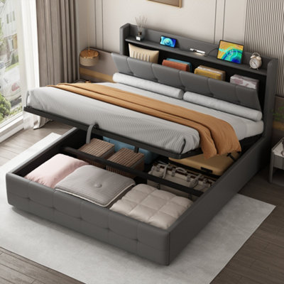 Abrihome 4Ft6 Double Upholstered Bed Frame With StoragePu Leather Ottoman Bed With Charging Station And Led Night LightGrey from B&Q