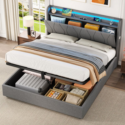 Abrihome 4Ft6 Upholstered Storage Bed W/ Hydraulic LiftLed HeadboardUsb/type-C Charging & Hidden StorageGrey LinenNo Box Spring from B&Q