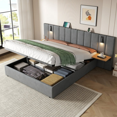 Abrihome 5Ft King Upholstered Storage BedVelvet HeadboardHydraulic LiftCharging Station & Reading LightGrey (No Mattress) from B&Q