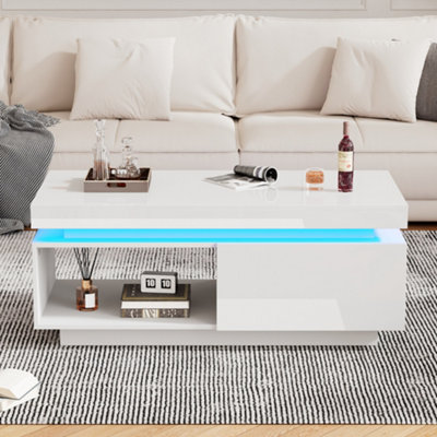 Abrihome White High-Gloss Led Coffee Table With Rgb LightsDrawer Storage & Display Shelf-Modern Living Room Centre Table from B&Q