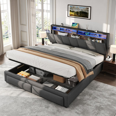 Abrihome 5Ft King Upholstered Bed Frame With Hydraulic StorageLed HeadboardUsb Charging & Concealed StorageGrey from B&Q