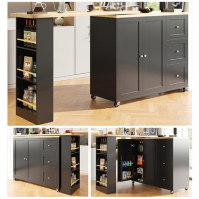 Abrihome Black Swivel Bar Table W/ Drawers, Snack Rack & Castors, Multifunctional Kitchen Island, 138-209Cm Size 3