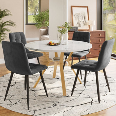 Abrihome Modern 5-Pc Round Marble Dining Set W/ Gold Metal Legs & 4 Gray Velvet Chairs from B&Q