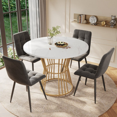 Abrihome 100Cm Round Dining Table SetWhite Mdf TopGold Metal Legs4 Gray Velvet Chairs5-Piece Kitchen Table from B&Q