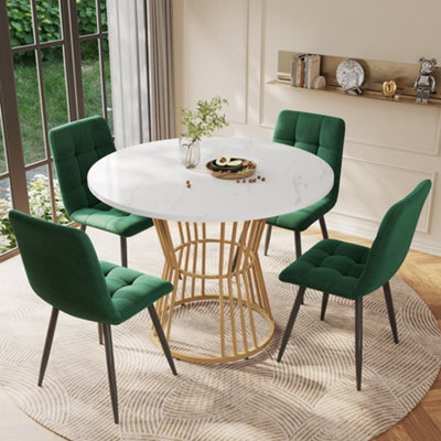 Abrihome 5-Pc Round Dining Set: 100Cm White Mdf Table W/ Gold Legs & 4 Green Velvet Chairs from B&Q
