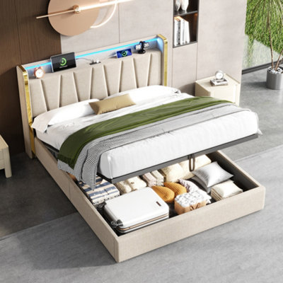 Abrihome 4Ft6 Double Storage Bed Frame With Hydraulic StorageLed Bed Headboard With Charging StationBeige from B&Q