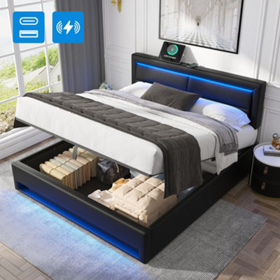 Abrihome Upgraded Super King Upholstered Bed6Ft Bed Frame With Usb ChargingLed Lights & Storage from B&Q