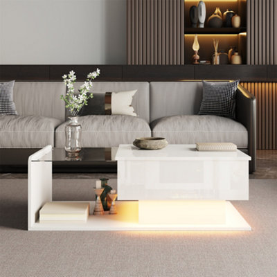 Abrihome Coffee TableHigh-Gloss WhiteSide TableCoffee Table With Glass And Led EffectWith Glass Top from B&Q
