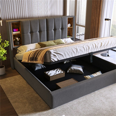 Abrihome Upholstered BedGrey Linen Double Bed With Wireless Charging & Hydraulic Storage from B&Q