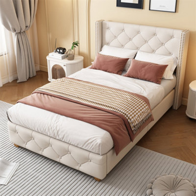 Abrihome Upholstered BedWith Slatted Frame And HeadboardButton UpholsteryRivet UpholsteryWooden Legs90X190CmLinenBeige from B&Q