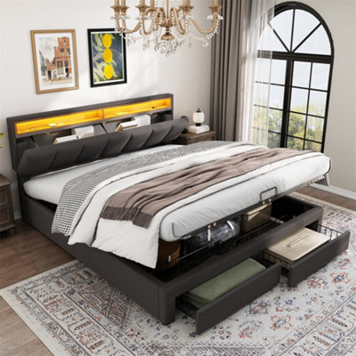 Abrihome Upholstered Bed With Led Lighting150X200CmHydraulic Storage Bed With Bed BoxDrawers And Storage CompartmentsLinenGrey from B&Q