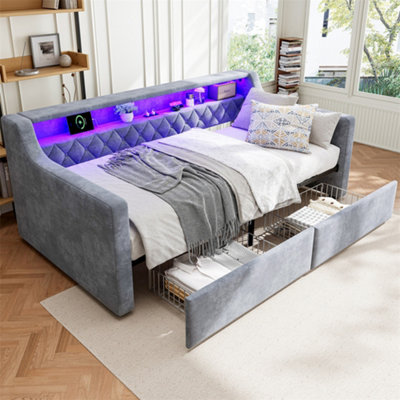 Abrihome Upholstered Bed90X190CmDaybed Sofa BedWith Light StripCharging Port1 Type A +1 Type C2 Drawers On WheelsVelvetGrey from B&Q