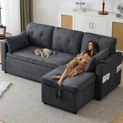 Abrihome 3-In-1 Convertible Sofa Bed With Internal Storage ChaiseL Shaped Sleeper Sofa Couches With Cup HoldersFor Small SpaceGrey from B&Q