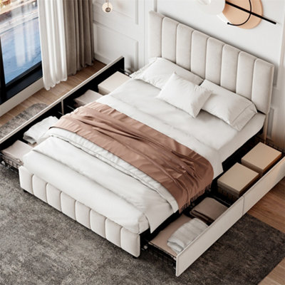 Abrihome 4Ft6 Double Upholstered Bed With 4 Storage DrawersWith Adjustable Channel Tufted HeadboardMetal-Wood SupportBeige from B&Q