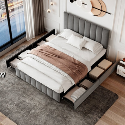 Abrihome 4Ft6 Upholstered Double Bed With 4 Storage DrawersWith Adjustable Channel Tufted HeadboardGrey (No Mattress) from B&Q