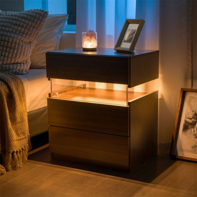 Abrihome Led NightstandsAcrylic Board Led Bedside Tables For Bedroom End TableWith 3 Drawer DresserWalnut from B&Q