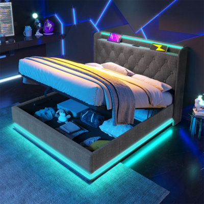 Abrihome Upholstered King Ottoman Bed With 360 Surround Led FunctionHydraulic Storage Bed Frame150X200LinenGrey (No Mattress) from B&Q