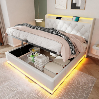 Abrihome Upholstered Double Ottoman BedOttoman Double Bed With 360 Surround Lighting & Hydraulic Storage135 X190 ,puWhite from B&Q