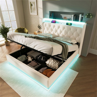 Abrihome Upholstered King Ottoman Bed With 360 Surround Led FunctionHydraulic Storage Bed Frame150X200PuWhite (No Mattress) from B&Q