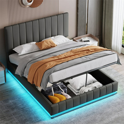 Abrihome Ottoman 4Ft6 Double Bed With Led LightingWith Hydraulic StorageWith Adjustable Channel Tufted HeadboardPu LeatherGrey from B&Q