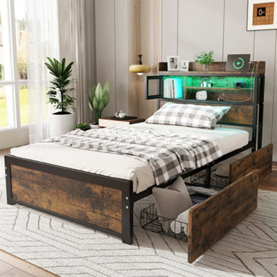 Abrihome 3Ft Single Metal Bed FrameMultifunctional Iron Bed With Led Light Strip2 Storage Drawers& 3 Usb Charge Ports from B&Q
