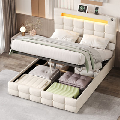 Abrihome 4Ft6 Upholstered Ottoman Bed FrameVelvet Hydraulic Storage Double Bed With Led Lighting & Usb Charging StationBeige from B&Q