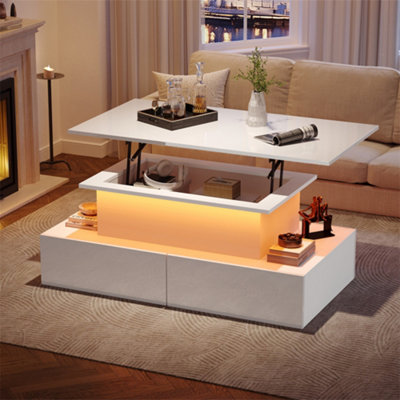 Abrihome 90X55X42.5Cm Led High Gloss Lift-Top Coffee TableModern Rectangular Wooden Table With 4 Drawers & Hidden StorageWhite from B&Q