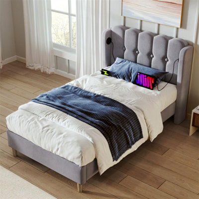 Abrihome 3Ft Double Upholstered Bed Frame (90X190Cm)With Usb/type-C ChargingWooden Slatted Base For Bedroom & Guest RoomGreyLinen from B&Q
