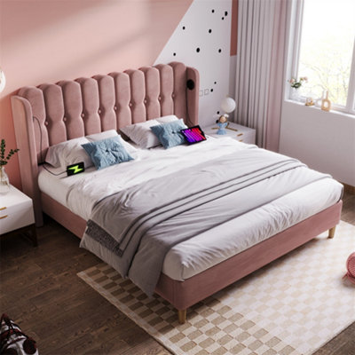 Abrihome 4Ft6 Double Upholstered Bed Frame (135X190Cm) With Usb/type-C ChargingWooden Slatted Base For BedroomPinkVelvet from B&Q