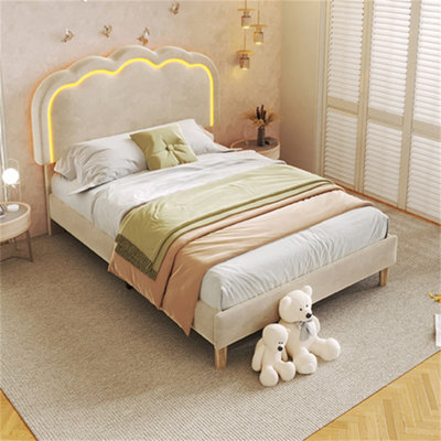 Abrihome 3Ft Single Upholstered Bed With Led Headboard (90X190Cm)Adjustable Height Bed Frame With Wooden SlatsBeigeVelvet from B&Q