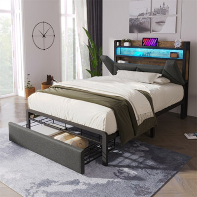Abrihome 3Ft Single Upholstered Storage Bed (90X190Cm)With Led LightingUsb/type-C Charging & Headboard StorageGreyLinen from B&Q