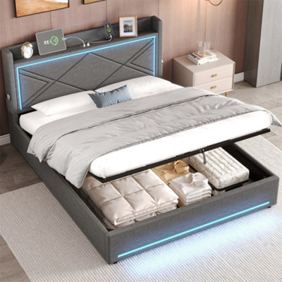 Abrihome 4Ft6 Double Upholstered Bed Frame With Hydraulic StorageLinen Ottoman Bed With Led Lighting And Charging StationGrey from B&Q