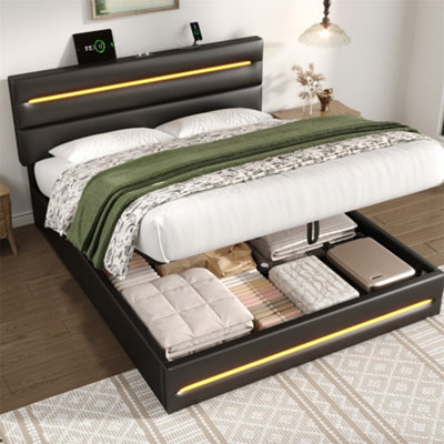 Abrihome 5Ft King Upholstered Bed Frame With Hydraulic StoragePu Ottoman Bed With Led Lighting And Charging StationBlack from B&Q