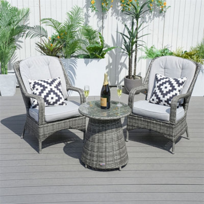 Abrihome 3-Piece Outdoor Rattan Bistro Set - 2 Curved-Arm Chairs,  Aluminium Table With 5mm Tempered GlassGrey from B&Q