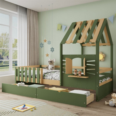 B&Q -  Wooden 3Ft Kids' Bed (90X190Cm)Playful Roof Design With Storage DrawersPine/mdf/plywoodGreen & Natural Finish