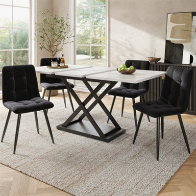 Abrihome 5-Piece Extendable Dining SetWhite Marble Table (160X80Cm) & 4 Black Velvet ChairsSeats 4 from B&Q