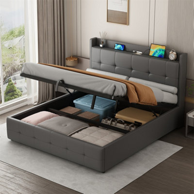 Abrihome 5Ft King Size Upholstered Ottoman BedHydraulic Storage & Hidden Headboard CompartmentWith Led Night LightsGrey (No Mattress) from B&Q