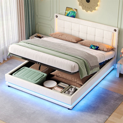 Abrihome 5Ft King Size Led Hydraulic BedSmart Tufted Headboard With Charging Station (Usb/type-C) & Ambient LightingBeige(No Mattress) from B&Q