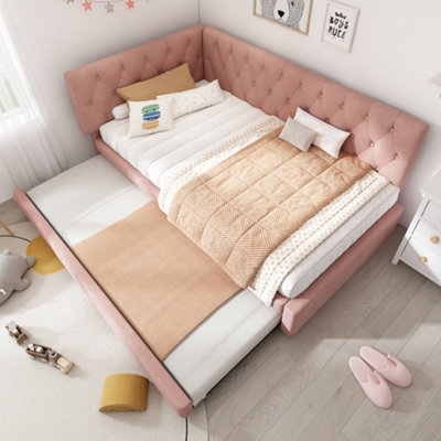 Abrihome Pink Velvet Upholstered Daybed With Pull-Out Bed3Ft Single Sofa Bed 90X190CmSlatted FrameTrundle For AdultsNo Mattress from B&Q
