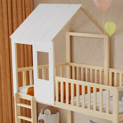 White & Wood 3ft High Sleeper Bed with Slide - 90x190cm Single Wooden ...