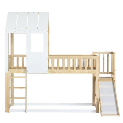 White & Wood 3ft High Sleeper Bed with Slide - 90x190cm Single Wooden ...