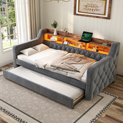 Abrihome Space-Saving Gray Velvet Sofa Bed With Storage & Led90X190CmUsb-C Port12 SlatsFor Bedroom/guest Room from B&Q