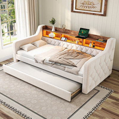 Abrihome Beige Velvet Sofa Bed With Storage & Led Lights90X190Cm Space-Saving Bed With Usb-C Port12 Slats For Guest/bedroom/youth Room from B&Q