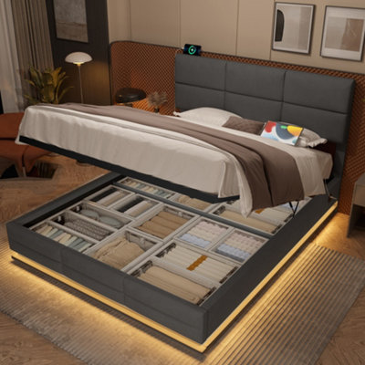 Abrihome Gray Velvet Upholstered Bed 135X190CmAdjustable Headboard With Usb/type-C PortsLed Lighting & Hydraulic StorageNo Mattress from B&Q