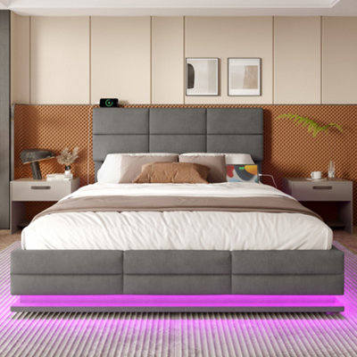 Abrihome 150X200Cm Modern Gray Velvet Upholstered BedAdjustable HeadboardUsb/type-C PortsHydraulic Lift & Extra-Large Storage from B&Q