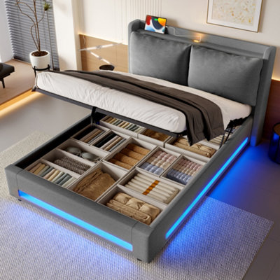 Abrihome Modern Velvet Upholstered Bed With Led Headboard180X200Cm Storage BedHydraulic LiftDual Usb-C Ports from B&Q