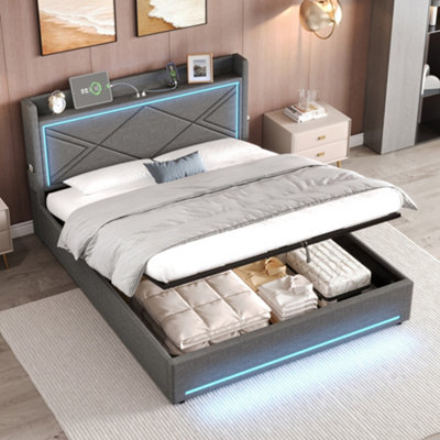Abrihome 5Ft King Grey Upholstered Storage Bed With Led & Charging StationHydraulic Linen Ottoman BedUsb/type-C Ports No Mattress from B&Q