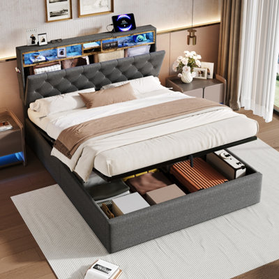 Abrihome 5Ft Grey Linen Upholstered Bed With Rgb Led HeadboardKing Size Hydraulic Storage BedConcealed Charging Station from B&Q