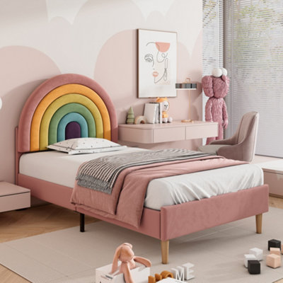 Abrihome Pink Upholstered Single Bed Frame With Adjustable Headboard And Slatted FrameVelvet Youth/adult Bed from B&Q